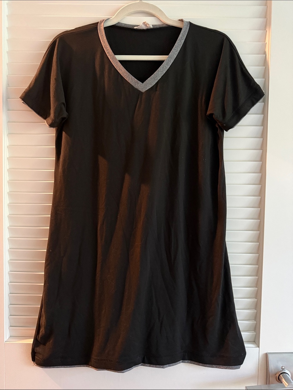 Black V-Neck Short Sleeve Dress with Silver Trim Loungewear.